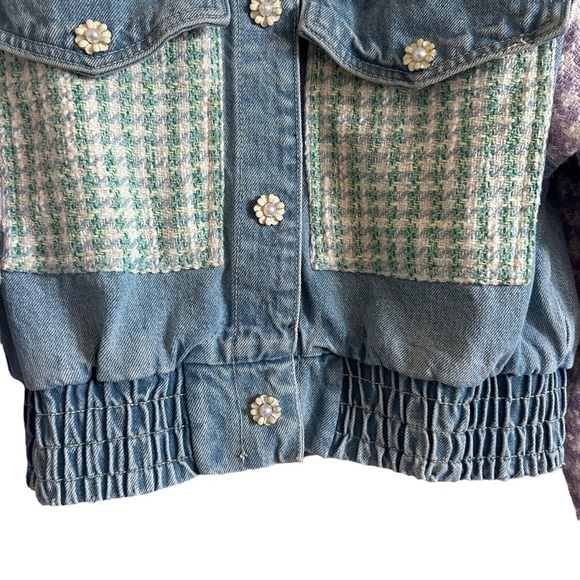 Zara Light Denim Jean Jacket Plaid Patchwork Flower Snaps XS - Picture 5 of 15